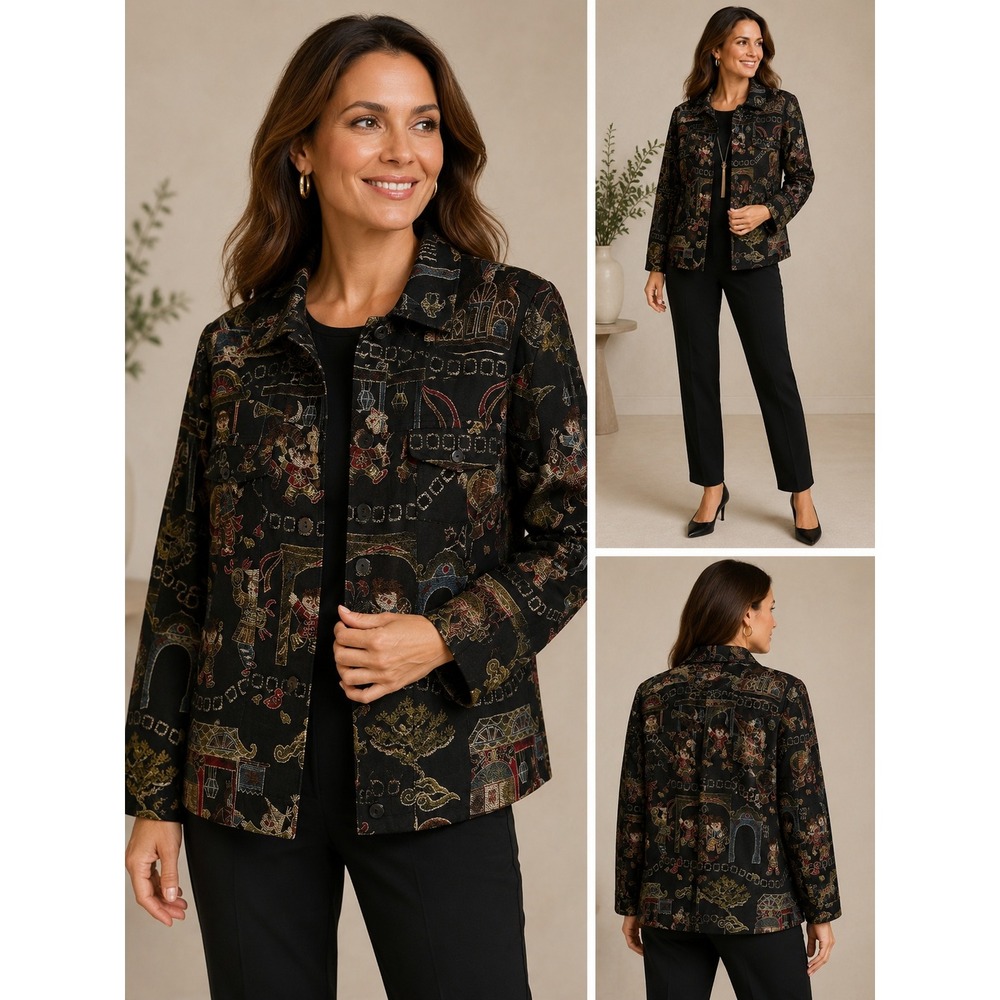 Chico's Silk Blend Tapestry Jacket Black Novelty Print Asian Art Button Front XL
